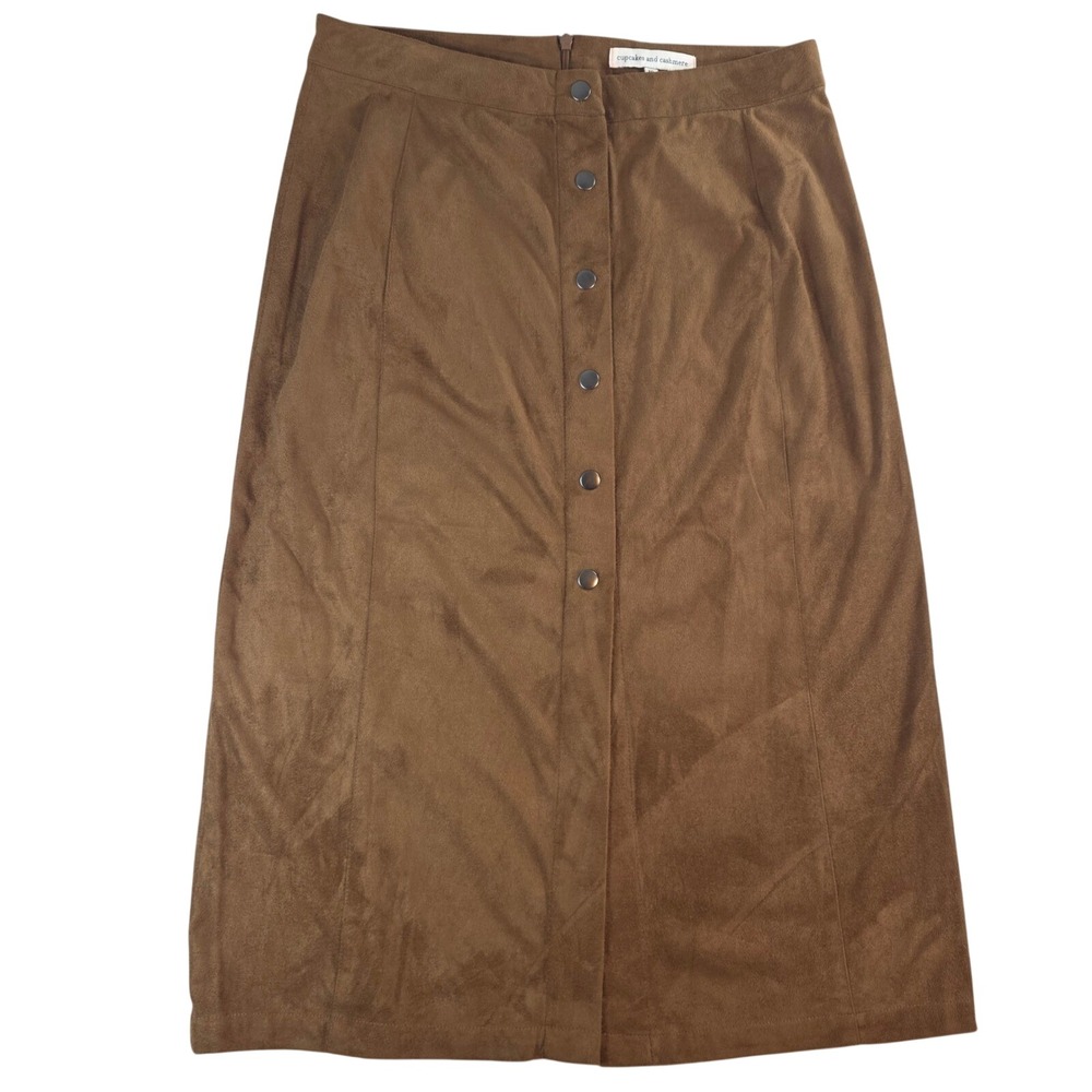 Cupcakes and Cashmere Women 10 Brown Midi Skirt Faux Suede Button Front